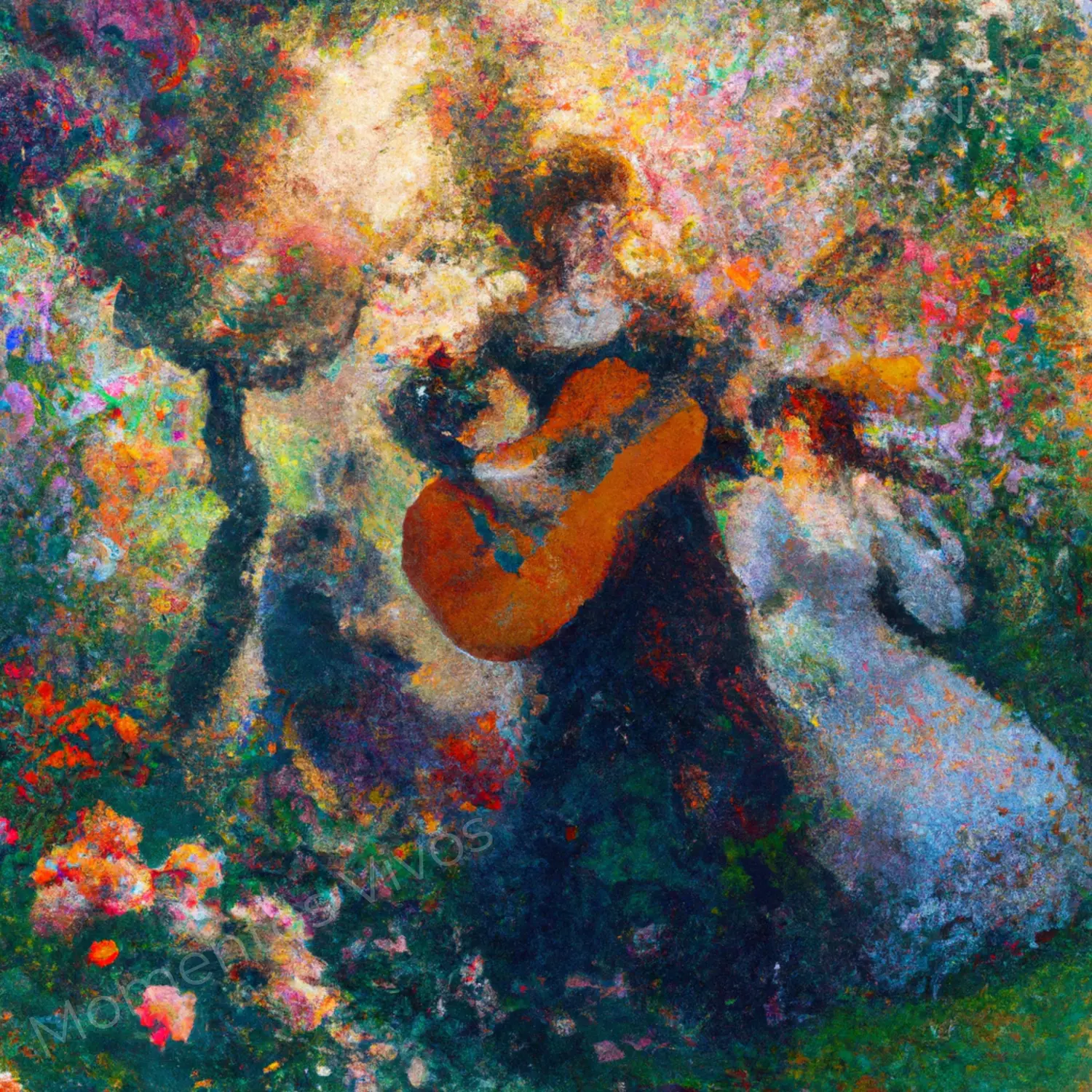 A dreamlike guitarist surrounded by figures and a luminous garden